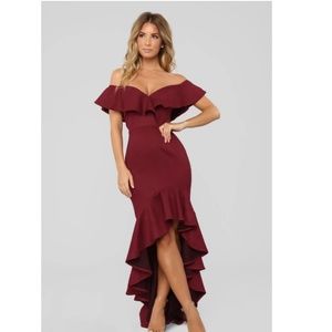 Of shoulder Mermaid Ruffle Detail Wine Dress